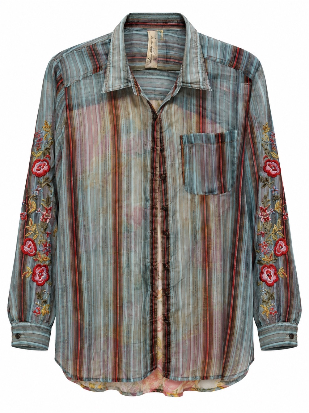 Embroidered Stripe Button-Down Shirt - Blue Multicolor
